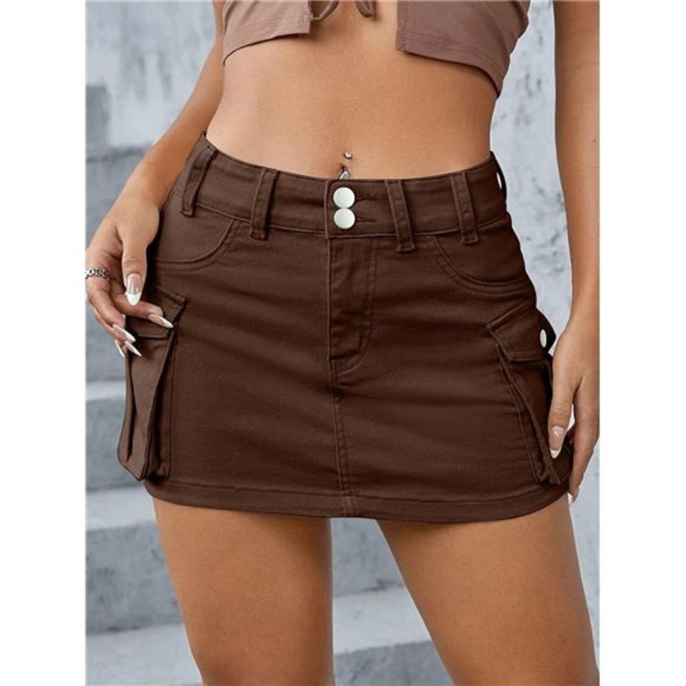 Y2K Brown Cargo Denim Mini Skirt Low‎ Waist Extra Short Bodycon Skirt W/ Pockets